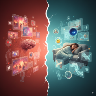 Conexão digital e descanso divididos, cérebro e sono.