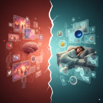 Conexão digital e descanso divididos, cérebro e sono.