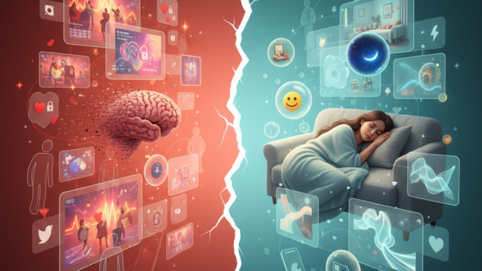 Conexão digital e descanso divididos, cérebro e sono.