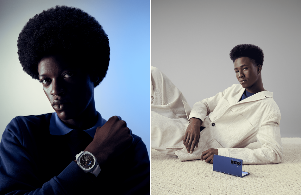 Modelo com relógio e smartphone moderno.