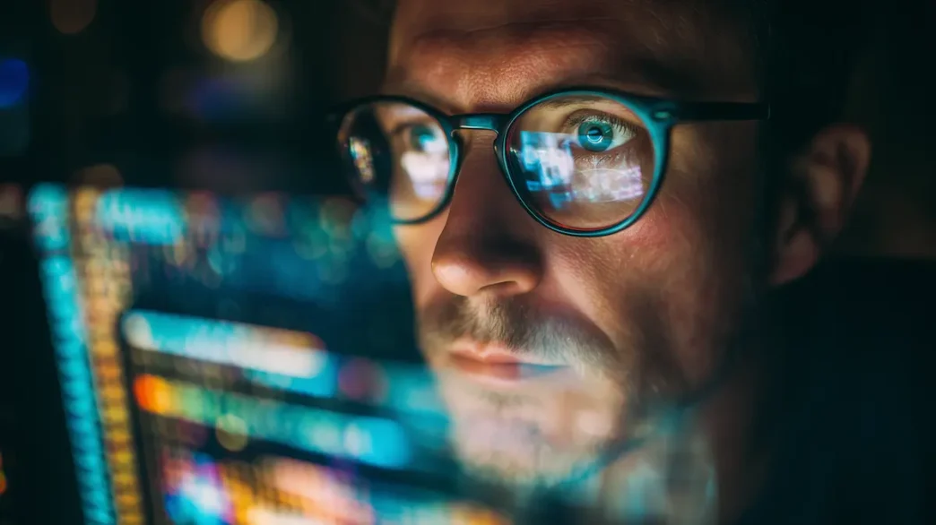 Homem analisando dados no computador