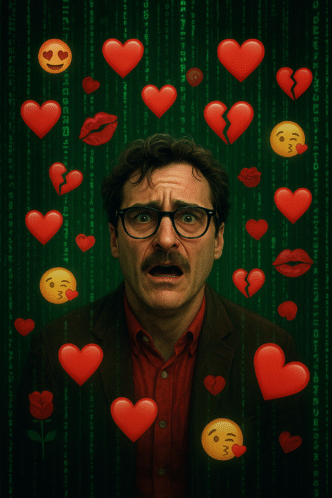 Homem cercado por emojis de amor e tecnologia.