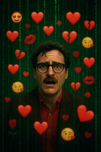 Homem cercado por emojis de amor e tecnologia.