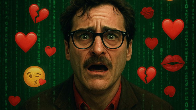 Homem cercado por emojis de amor e tecnologia.