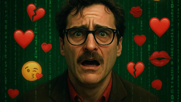 Homem cercado por emojis de amor e tecnologia.