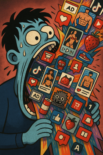 Pessoa consumida por excesso de conteúdo digital.
