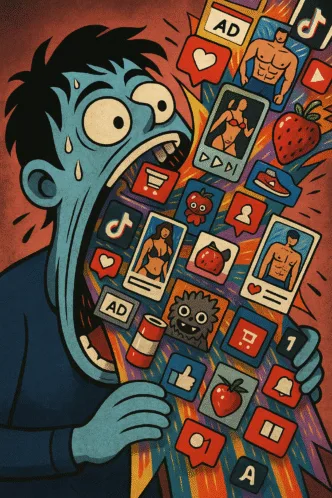Pessoa consumida por excesso de conteúdo digital.
