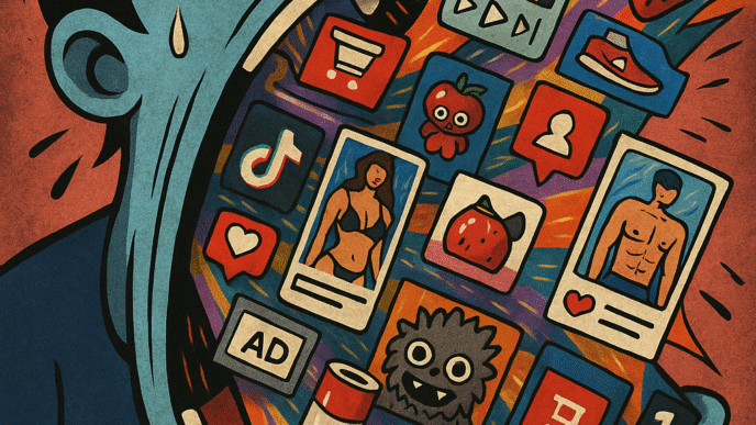 Pessoa consumida por excesso de conteúdo digital.