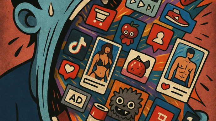 Pessoa consumida por excesso de conteúdo digital.