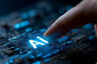 Dedo tocando tela com IA iluminada.