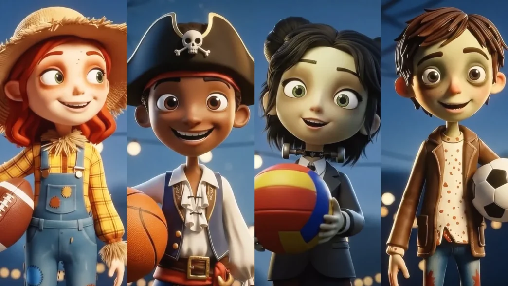 Personagens animados com bolas esportivas variadas.