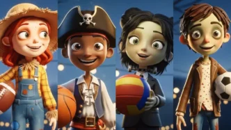 Personagens animados com bolas esportivas variadas.