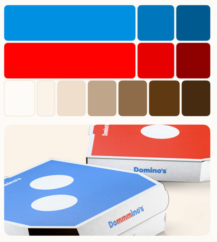 Caixas de pizza coloridas e paleta de cores.