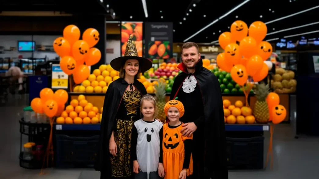 Família fantasiada de Halloween em supermercado decorado.