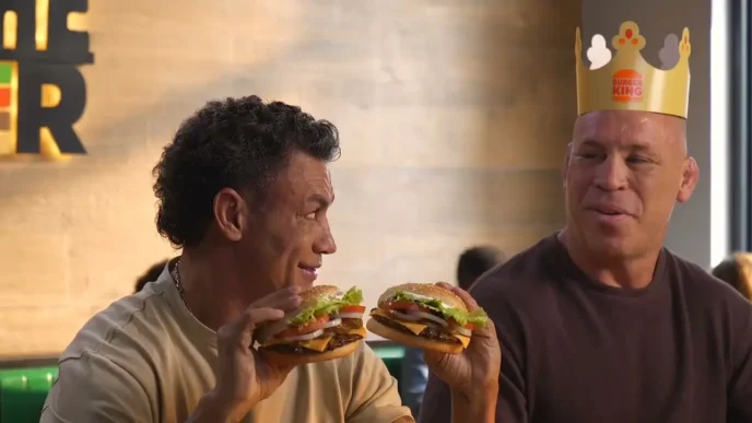 Homens segurando hambúrgueres em restaurante.