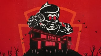 Ilustração sombria de vampiro e restaurante.