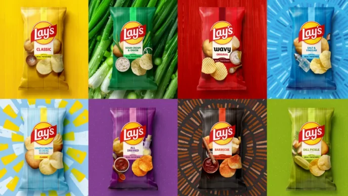 Variedade de batatas fritas Lay's em pacotes coloridos.