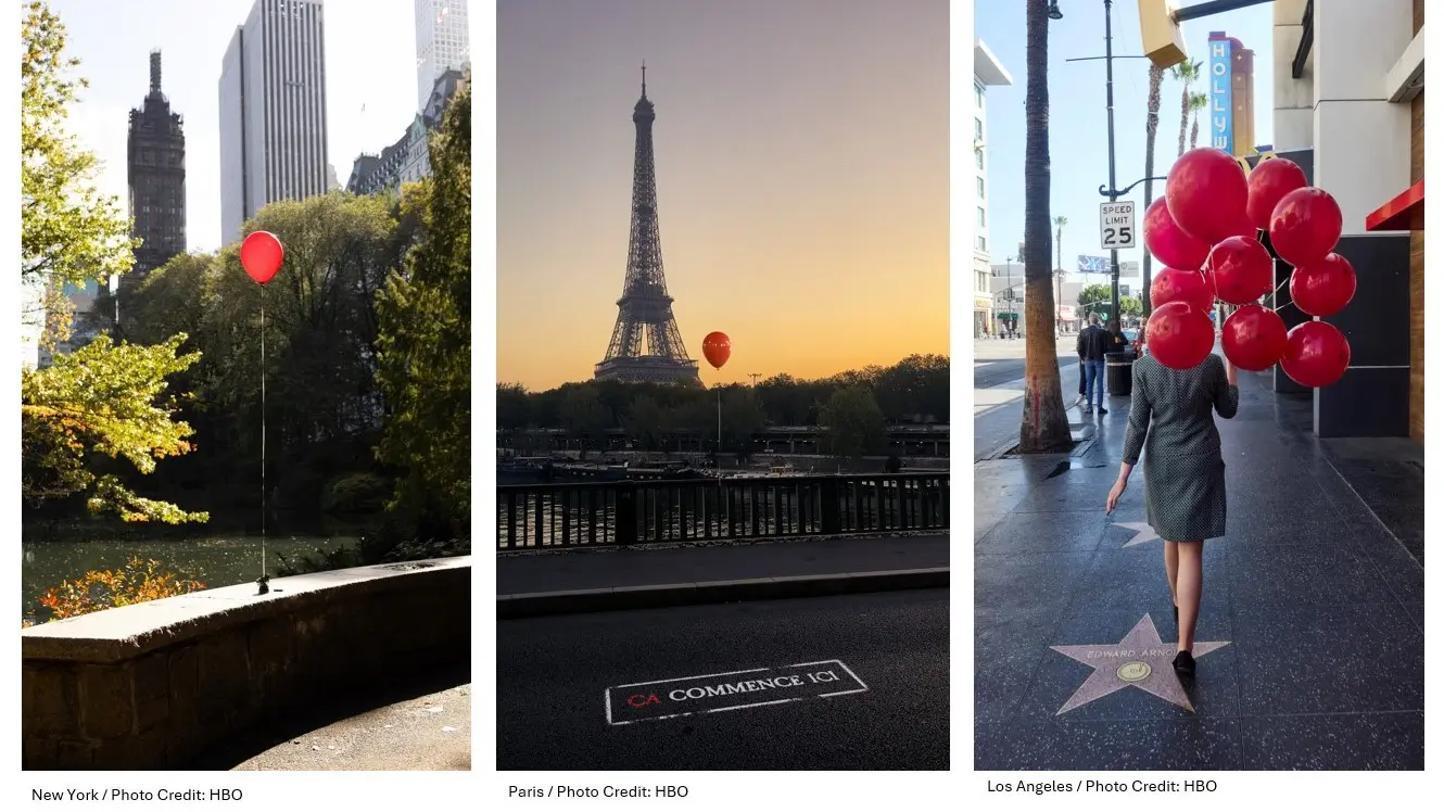 Balões vermelhos em Nova York, Paris e Los Angeles.
