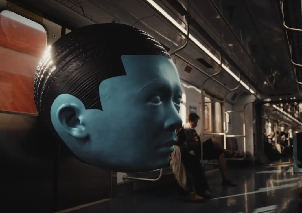 Cabeça azul gigante em vagão de metrô vazio.