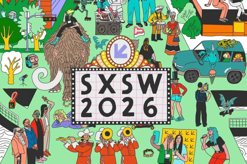Ilustração colorida, SXSW 2026, personagens diversos.