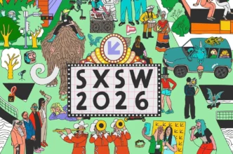 Ilustração colorida, SXSW 2026, personagens diversos.