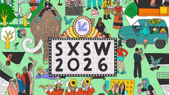 Ilustração colorida, SXSW 2026, personagens diversos.
