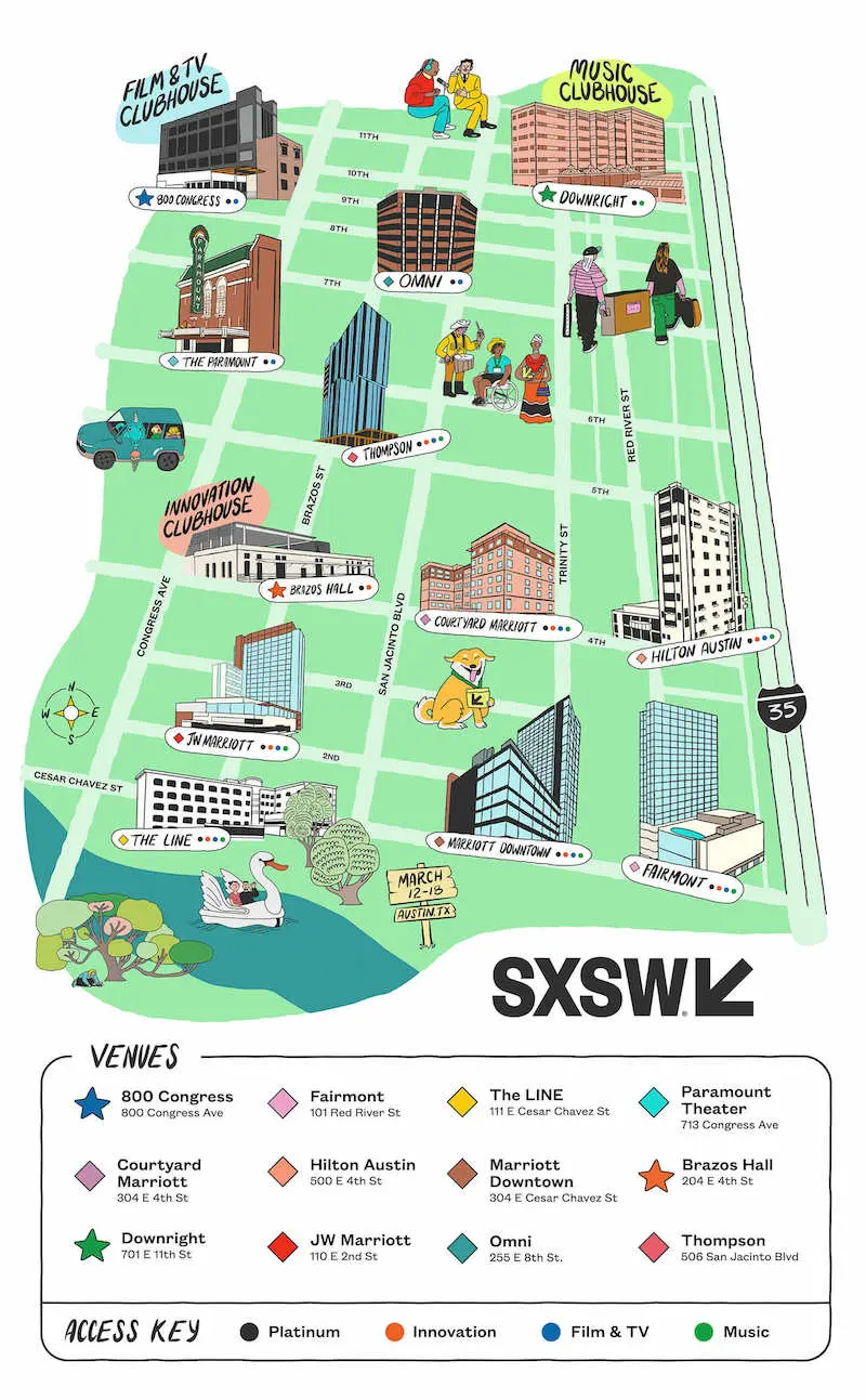Mapa colorido do evento SXSW em Austin, Texas.
