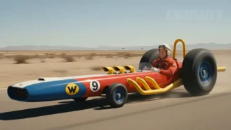 Carro retrô colorido correndo no deserto ensolarado.