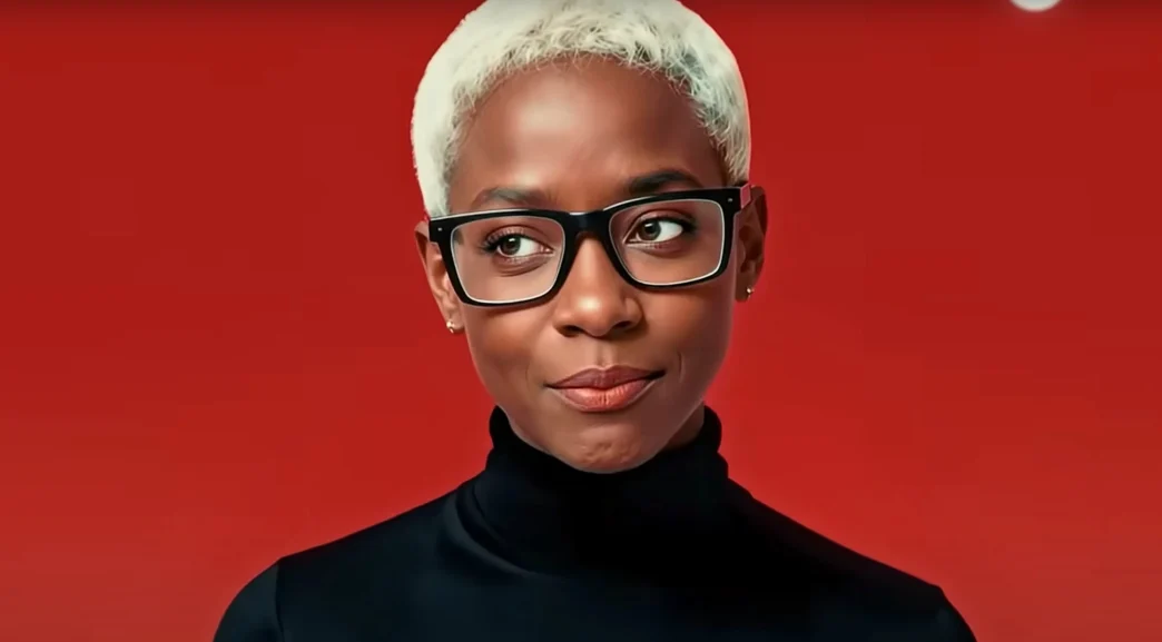 Pessoa com cabelo curto e óculos, fundo vermelho.