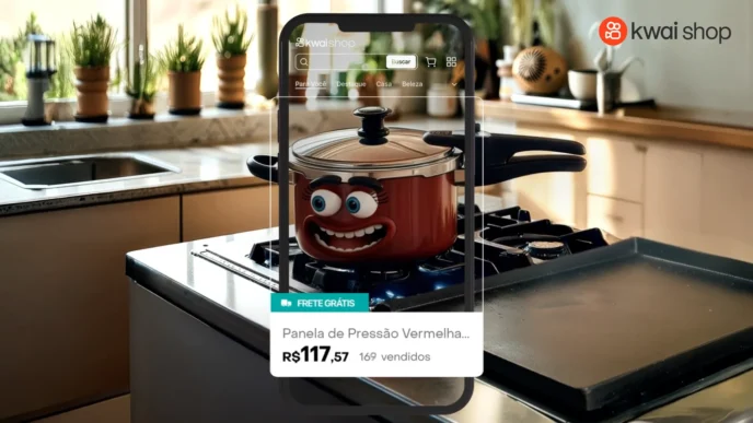 Panela de pressão vermelha com rosto animado na cozinha.