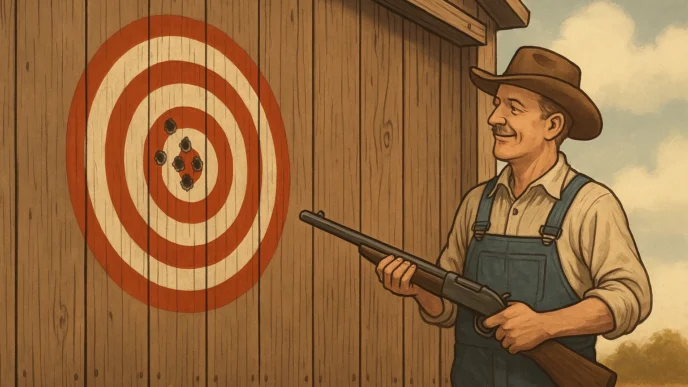 Homem rural com espingarda e alvo perfurado