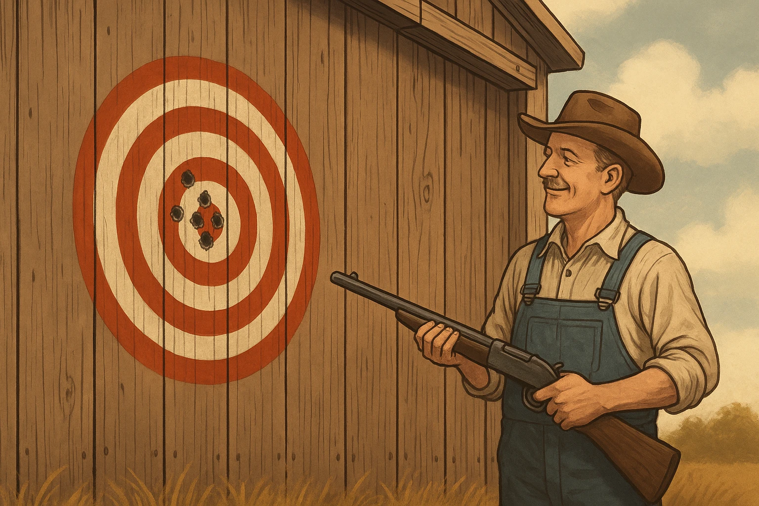 Homem rural com espingarda e alvo perfurado