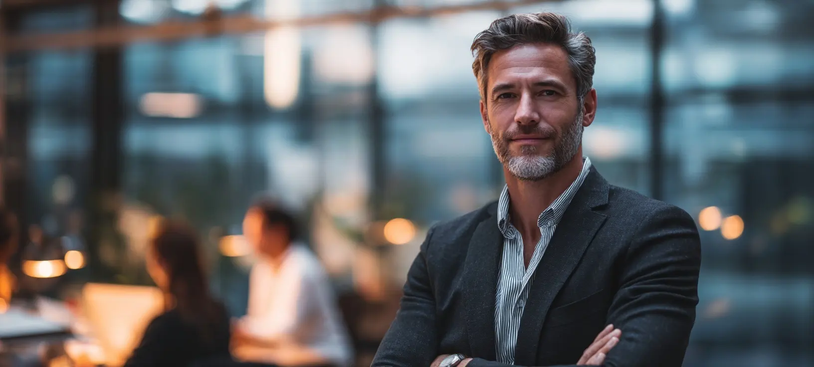 Homem de terno em ambiente empresarial moderno.