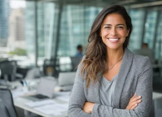 Mulher sorridente em escritório moderno.