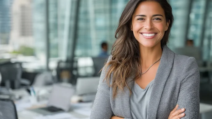 Mulher sorridente em escritório moderno.