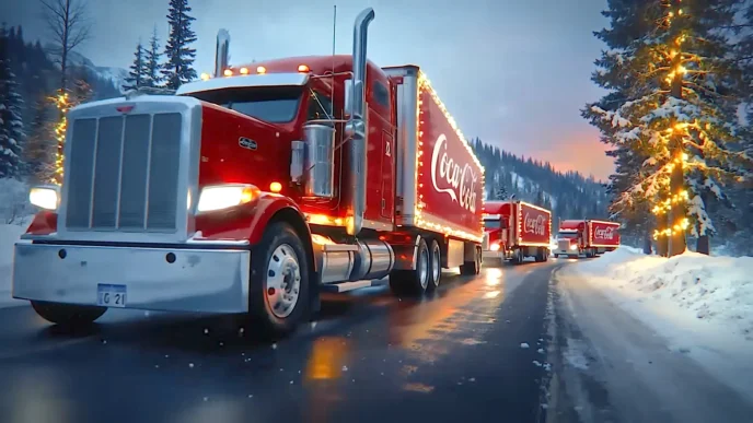 Caminhões vermelhos na neve, decorados para o Natal.