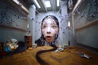 Rosto surreal em sala com decoração incomum.