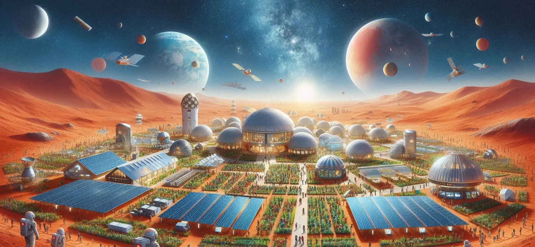Colônia futurística humana em Marte, planetas ao fundo.