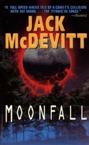 Capa de livro Moonfall com Lua e árvores.