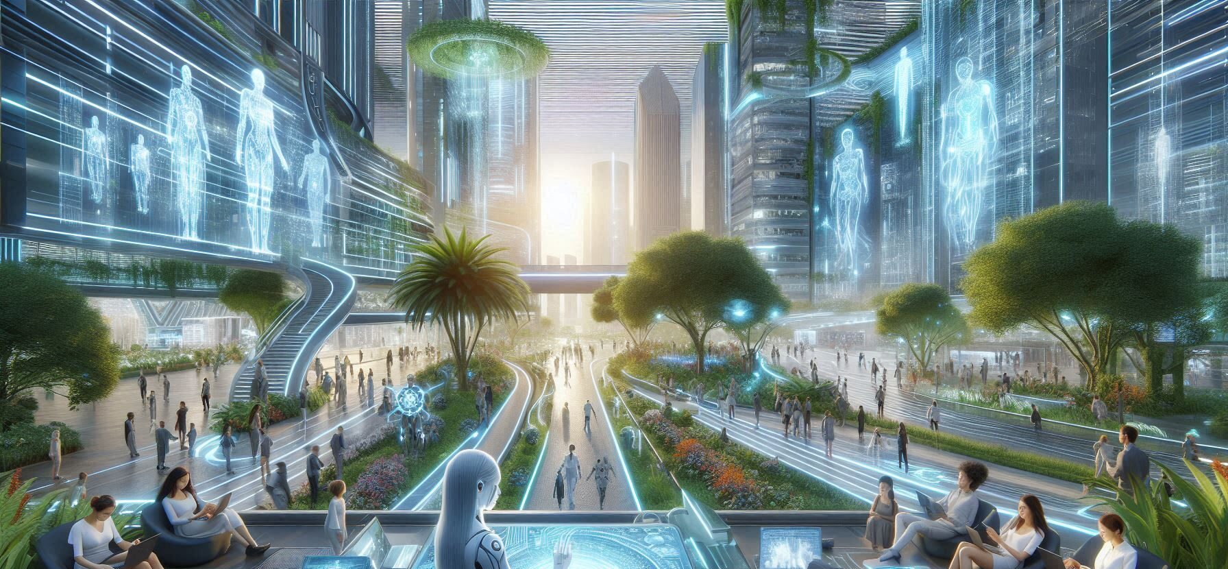 Cidade futurista com pessoas, tecnologias avançadas e hologramas.