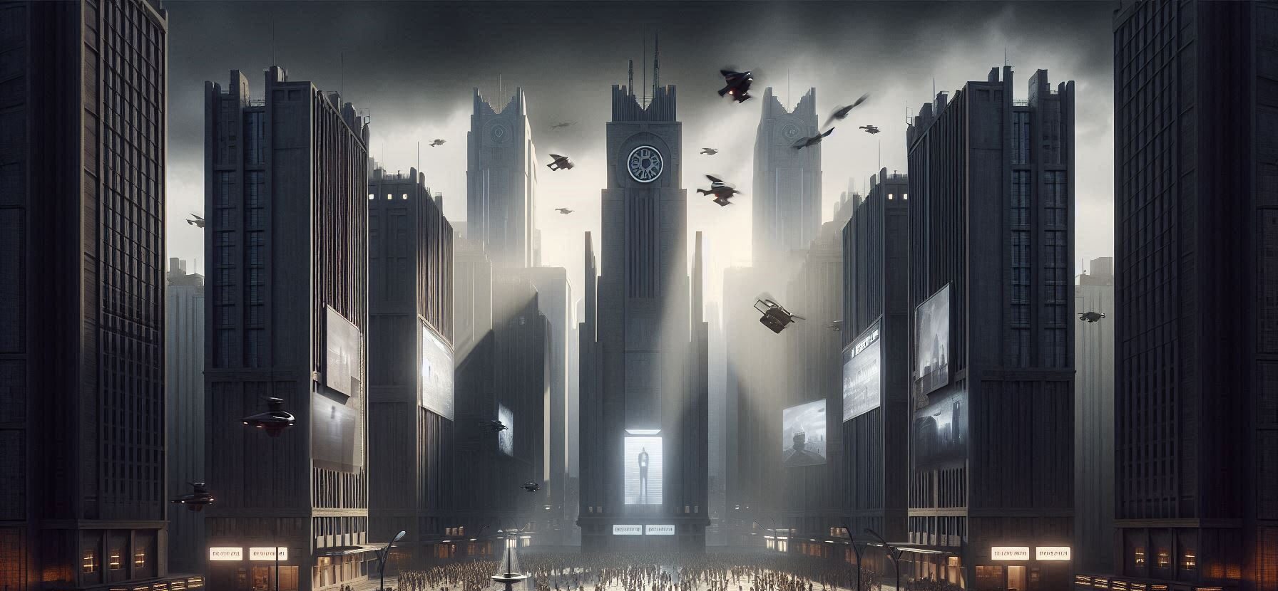 Cena futurista de cidade grande com arranha-céus.