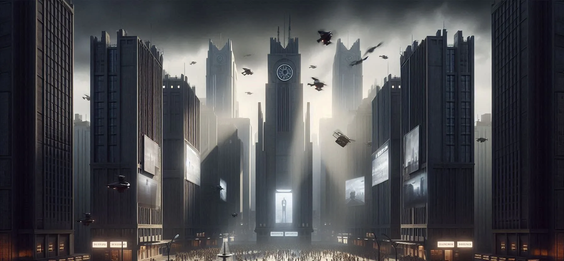 Cena futurista de cidade grande com arranha-céus.