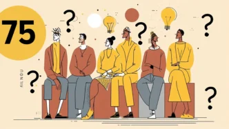 Pessoas pensando, lâmpadas e interrogação.