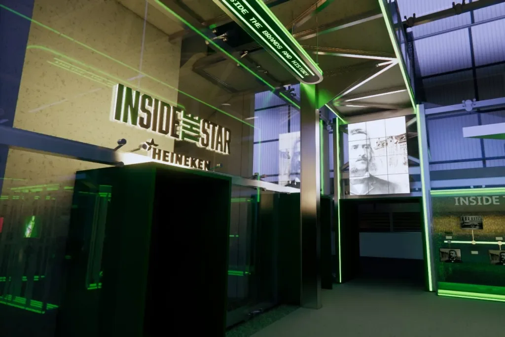 Exposição Heineken Inside the Star com luzes verdes.