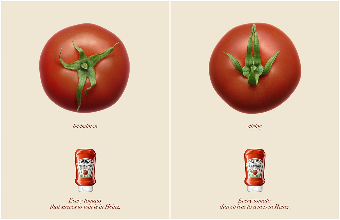 Tomates com tampo verde imitam esportes, logotipo Heinz.