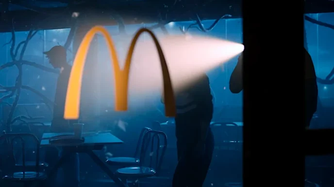 Logotipo McDonald's iluminado, interior escuro, pessoas ao fundo.