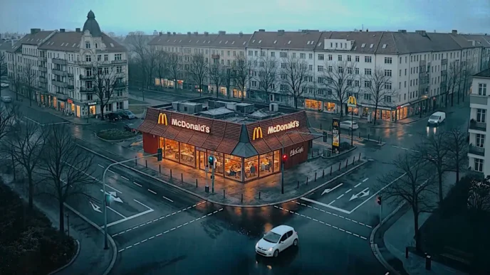 Restaurante McDonald's em cruzamento urbano à noite.
