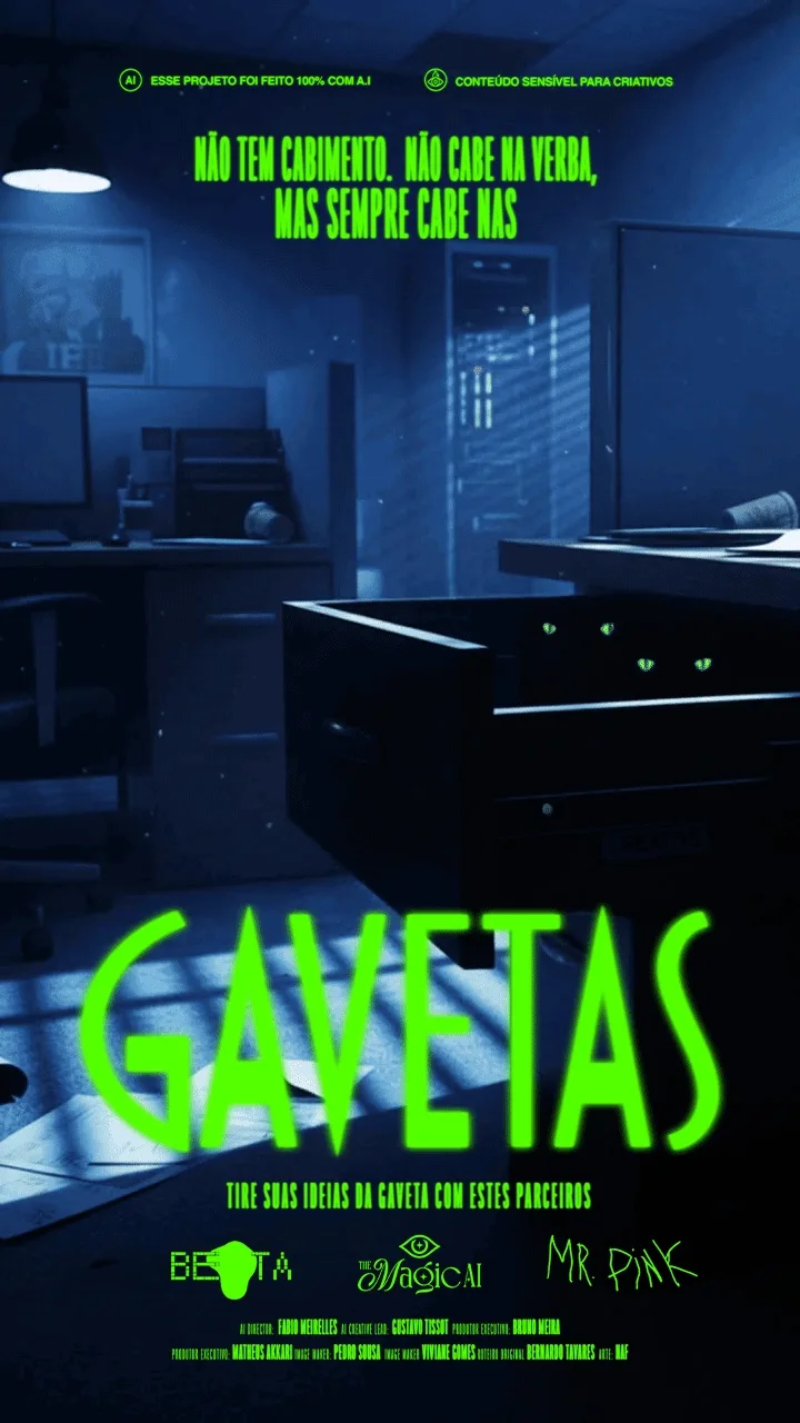 Sala escura com gaveta aberta e olhos brilhantes.