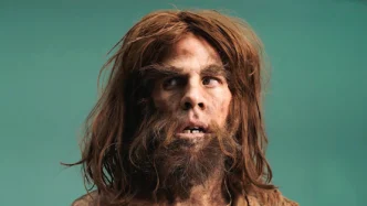 Homem pré-histórico olhando para o lado.