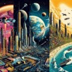 Paisagem futurista com cidades espaciais e naves.